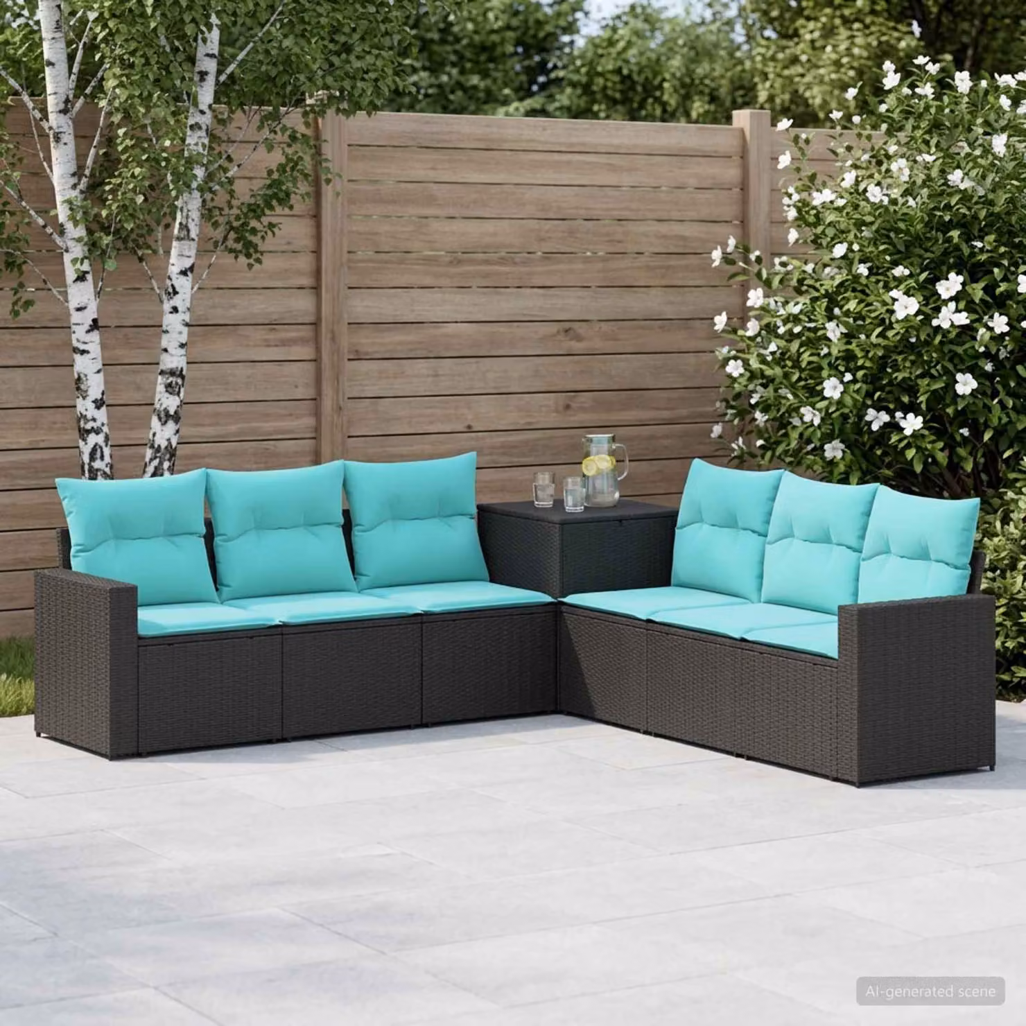 Set di divani da giardino vidaXL 7 pezzi in rattan sintetico e acciaio nero e blu con cuscini inclusi