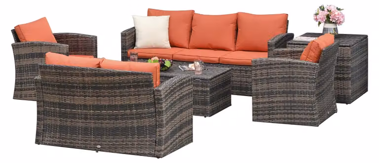 Set Salotto da Giardino 2 Divani 2 Poltrone Tavolino e Contenitore in Rattan Marrone e Arancione
