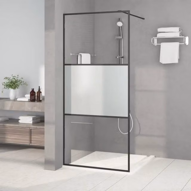 Parete Doccia Walk in vidaXL in Vetro Semi Smerigliato con Profilo Nero L 90 cm x H 195 cm