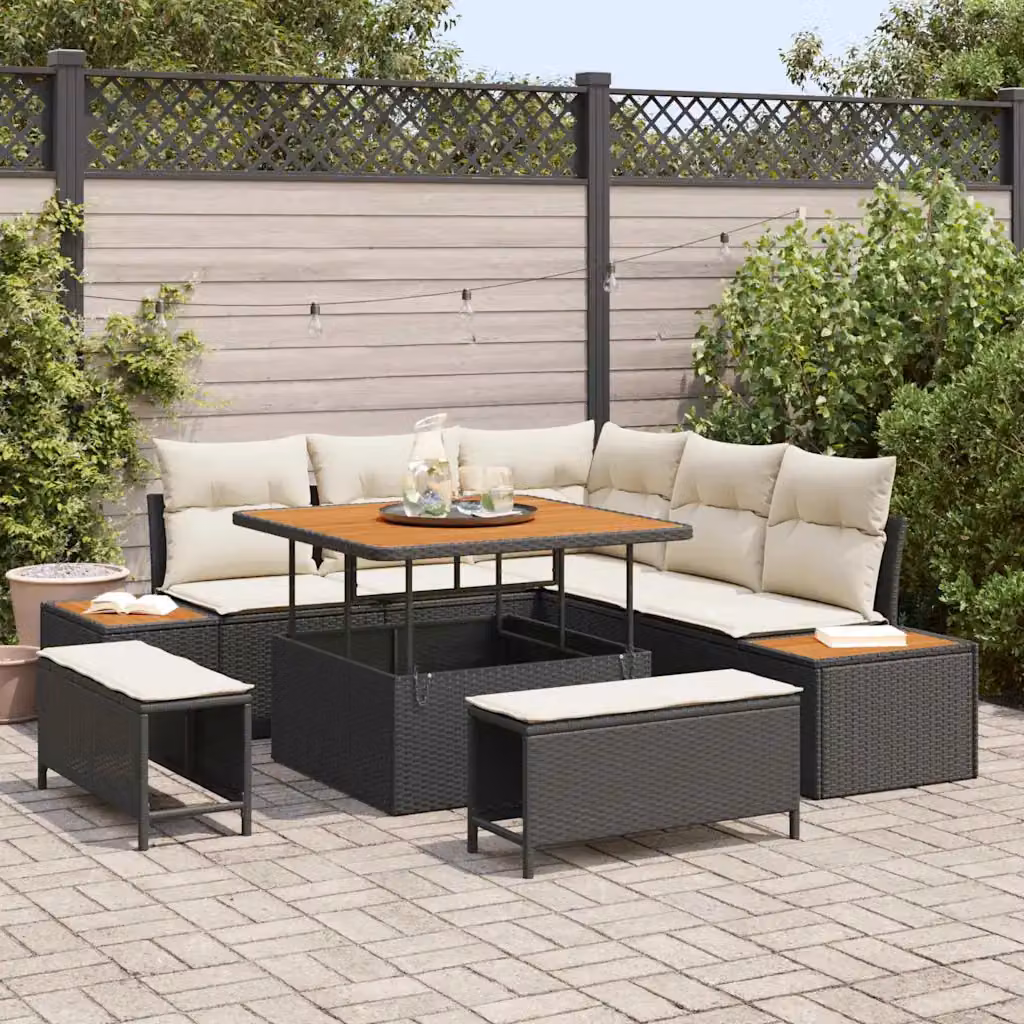Set Divano da Giardino a L vidaXL 8 Pezzi con Cuscini Nero in Poly Rattan e Acciaio – 1
