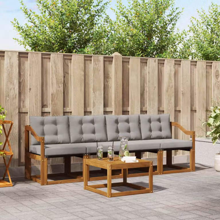 Set da giardino vidaXL composto da 5 pezzi con divano a 3 posti, poltrone e tavolino da caffè in legno di acacia trattato e tessuto textilene, colore grigio e marrone