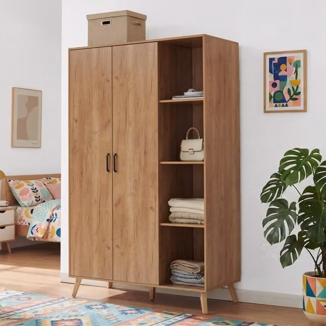 Armadio Guardaroba Norg con 2 Ante e 8 Scomparti 191x120x52 cm - Effetto Rovere [en.casa]