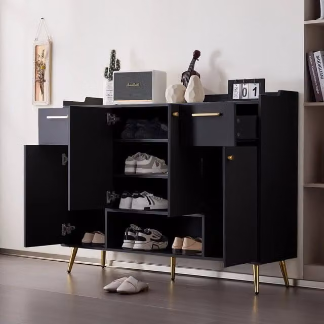 Scarpiera con 4 ante, 2 cassetti e vano aperto, piedi alti e struttura contenitiva per ingresso 130×37×100 cm