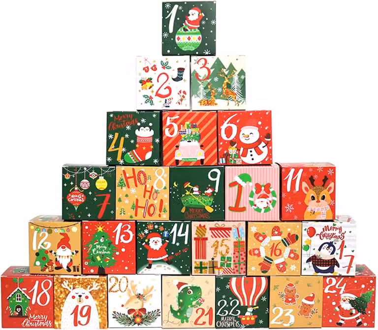 Calendari dell'Avvento da riempire, 24 scatole per calendari dell'Avvento, sacchetti regalo eleganti, motivi natalizi, scatole per calendari dell'Avvento (vari colori)