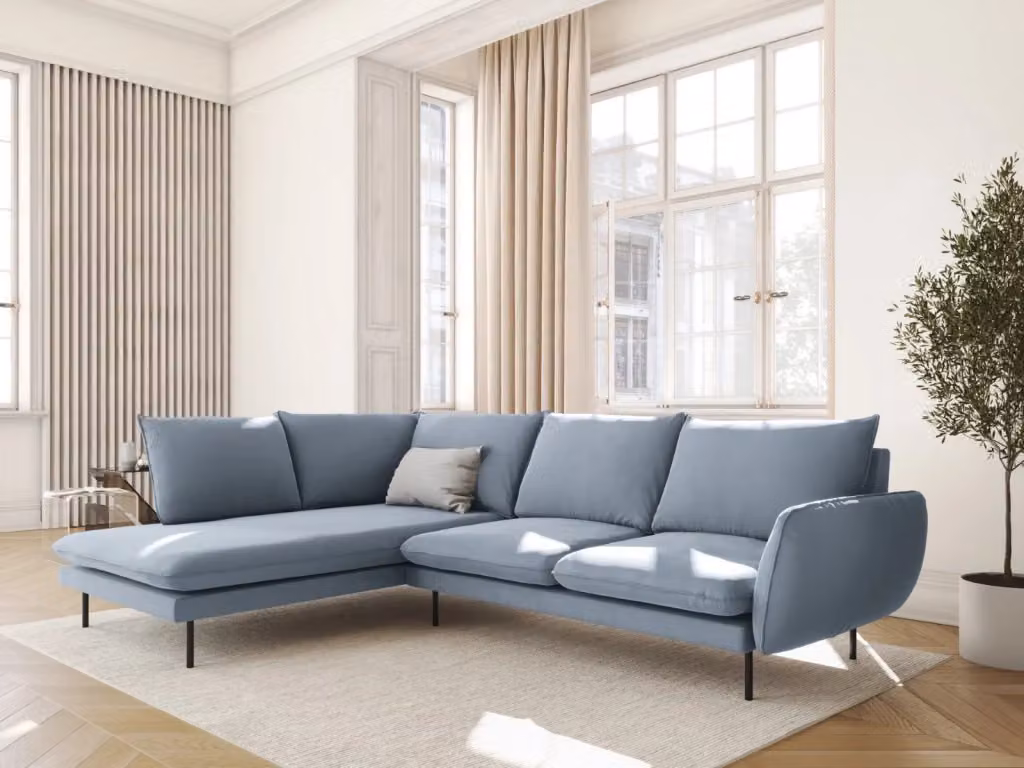 Divano angolare sinistro Vienna Cosmopolitan Design in velluto azzurro da 6 posti L 275 x P 95 x H 73 cm – 2