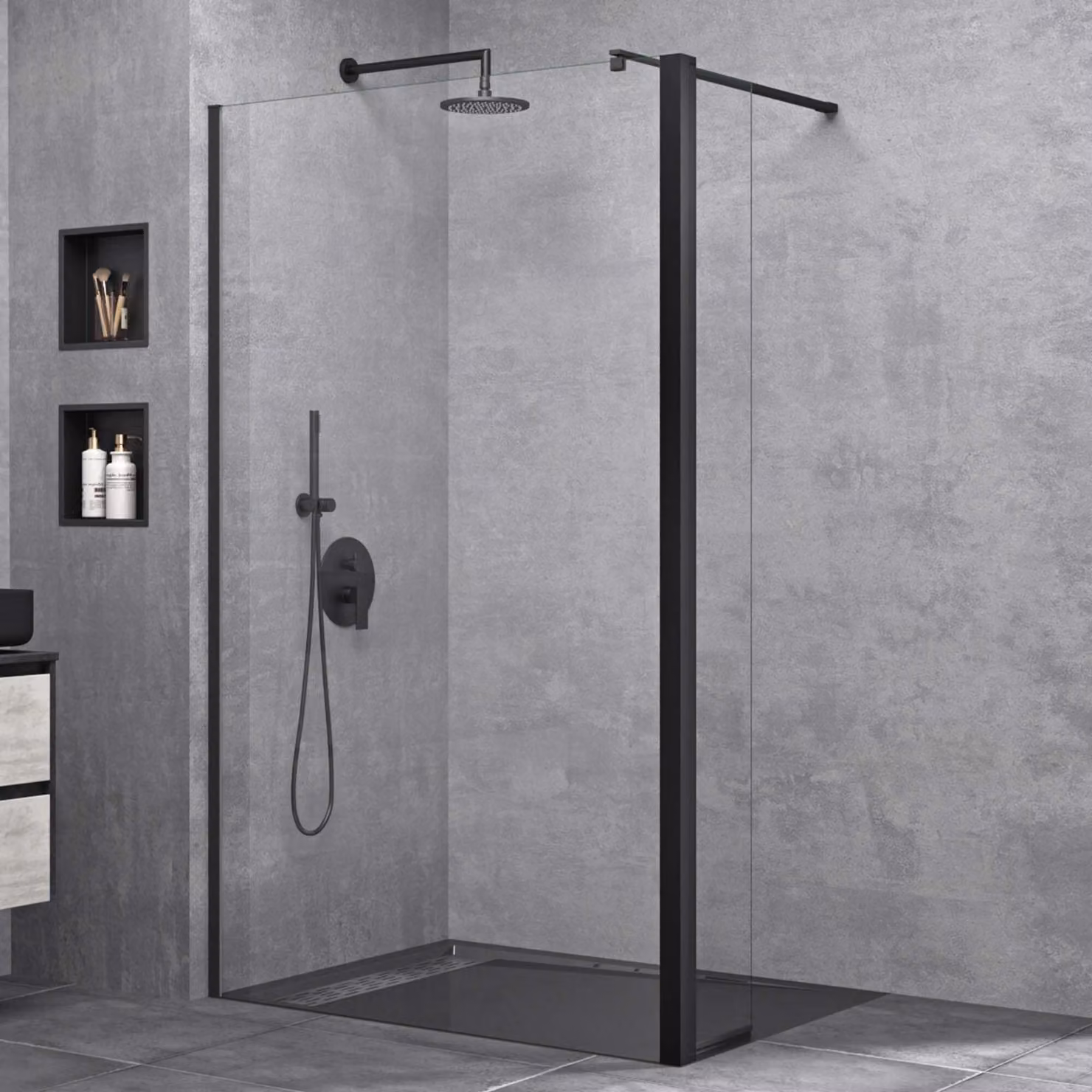 doporro Box Doccia Walk-In 100x200cm con Vetro Laterale 30cm, Parete Doccia Anticalcare in Vetro da 8mm con Braccio Sostegno MMBR3 Telescopico in Acciaio Nero