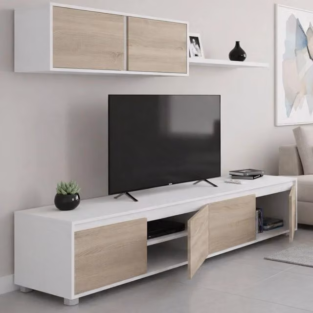 Parete Attrezzata per Soggiorno Amir DMORA Bianco e Marrone L: 200 cm, P: 41 cm, H: 43 cm – 1