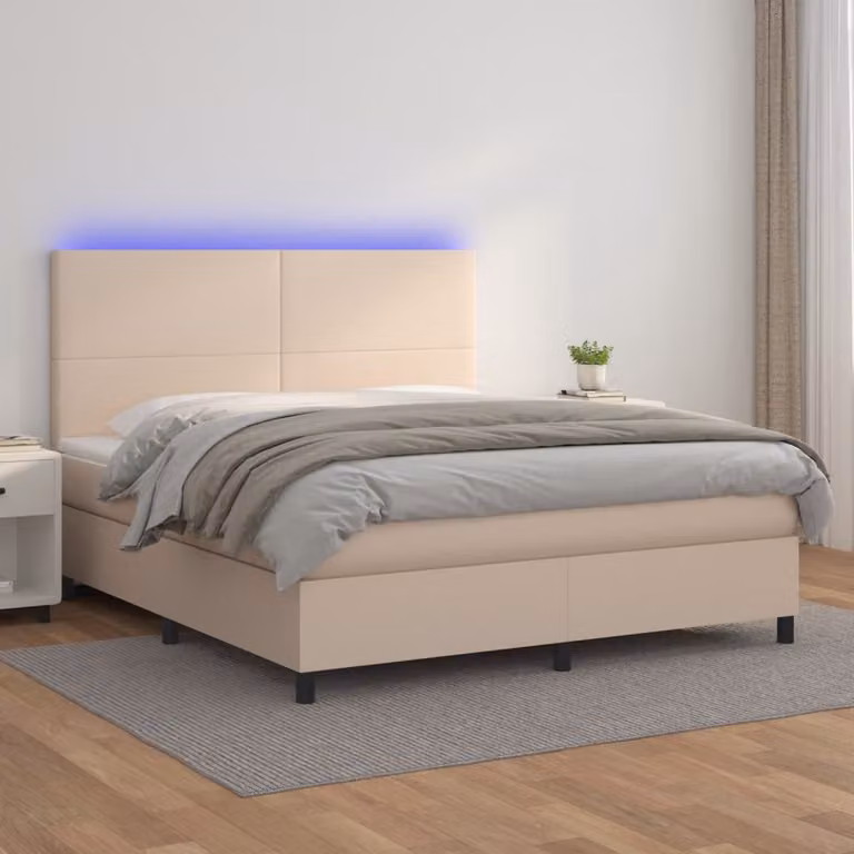 Letto con giroletto a molle e materasso vidaXL in similpelle color cappuccino con illuminazione LED e porta USB L/P: 160 x 200 cm