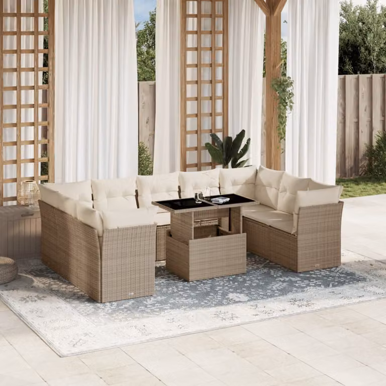 Set Divano da Giardino vidaXL 10 Pezzi con Cuscini Beige e Tavolino in Polyrattan e Metallo