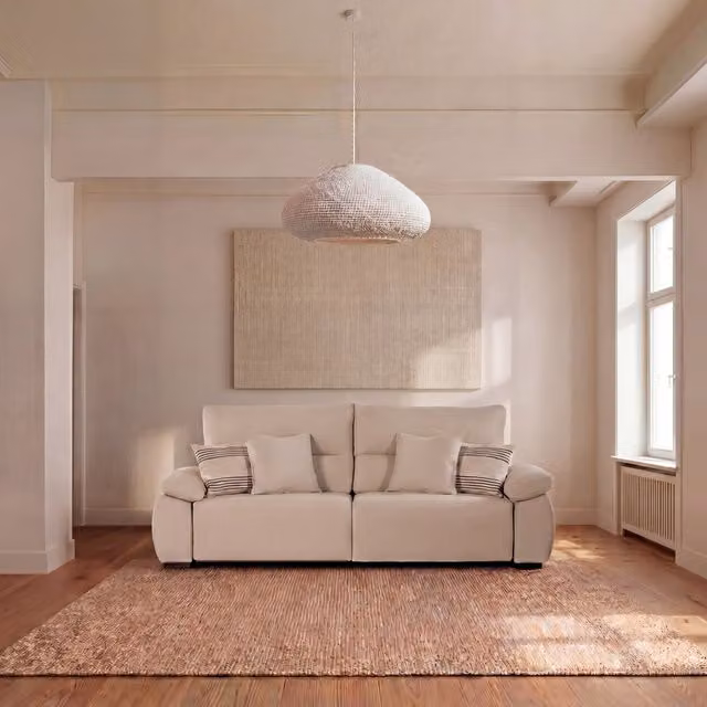 Divano 3 posti Marco Banak beige con sedili scorrevoli e rivestimento in tessuto personalizzabile