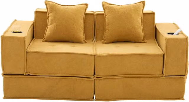 Divano letto doppio moderno in tessuto con due cuscini e pouf contenitore laterale 162x78x66 cm