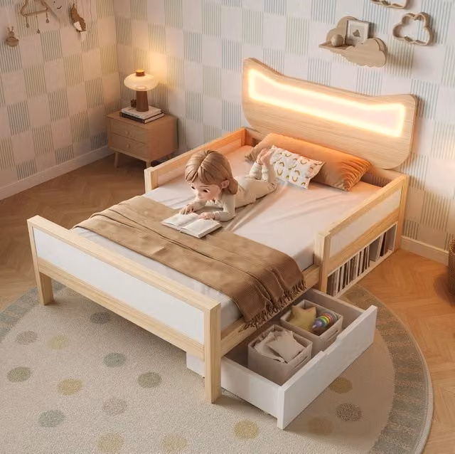 Letto per bambini ULEVR 90x200 cm con testiera a gatto RGB LED, cassetto e vano, bianco e rovere