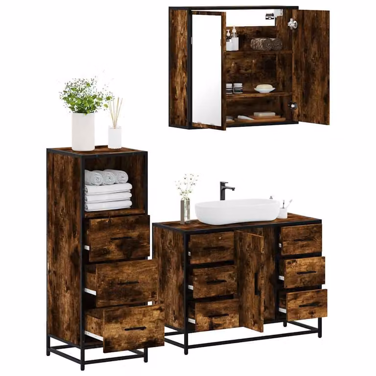 Set di mobili da bagno industrial vidaXL in legno e metallo marrone composto da 3 pezzi con mobile lavabo e armadietto specchio L/P/H: 80 x 33 x 60 cm