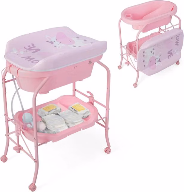 Fasciatoio per bambini con mini vasca da bagno cuscinetto in PVC, Stazione di cambio pannolini per neonati Rosa