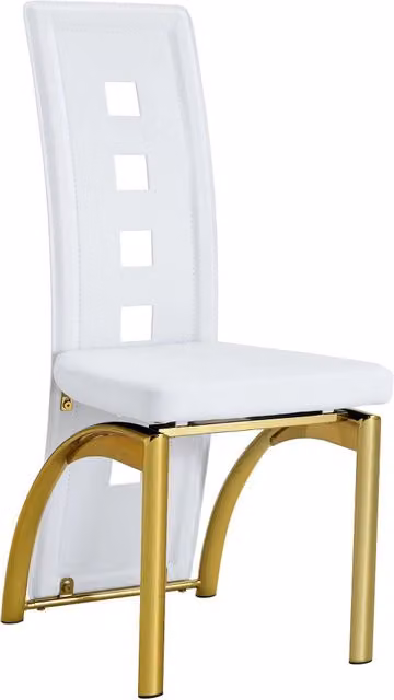 Set di 2 Sedie da Pranzo in PU bianco opaco con Gambe in Metallo Dorato, Altezza 102,5 cm, Design a Fori Geometrici