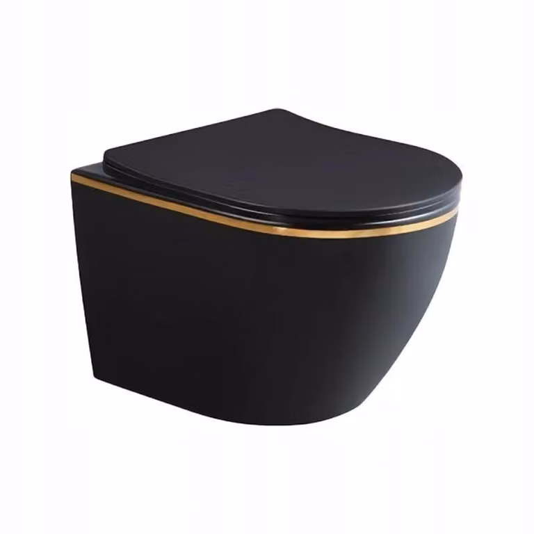 WC sospeso sedile a parete in ceramica soft-close senza bordo nero e oro 49x36x37cm