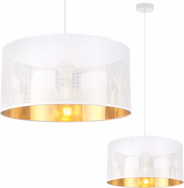 Lampada A Sospensione Asti White 1 Paralume Piatto Bianco Oro 40Cm