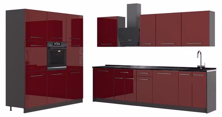 Cucina componibile Vicco Fame-Line Bordeaux lucido/Antracite 460 cm senza piano di lavoro, Model 63772