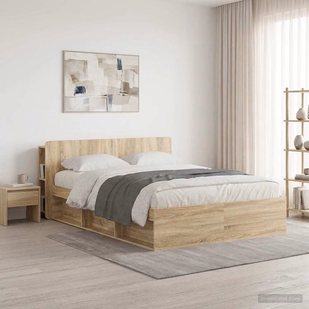 Testata del letto moderna vidaXL in legno ingegnerizzato Rovere Sonoma, colore marrone, con ripiano integrato e scomparti laterali, L: 182,5 cm, H: 80,0 cm, P: 18,5 cm