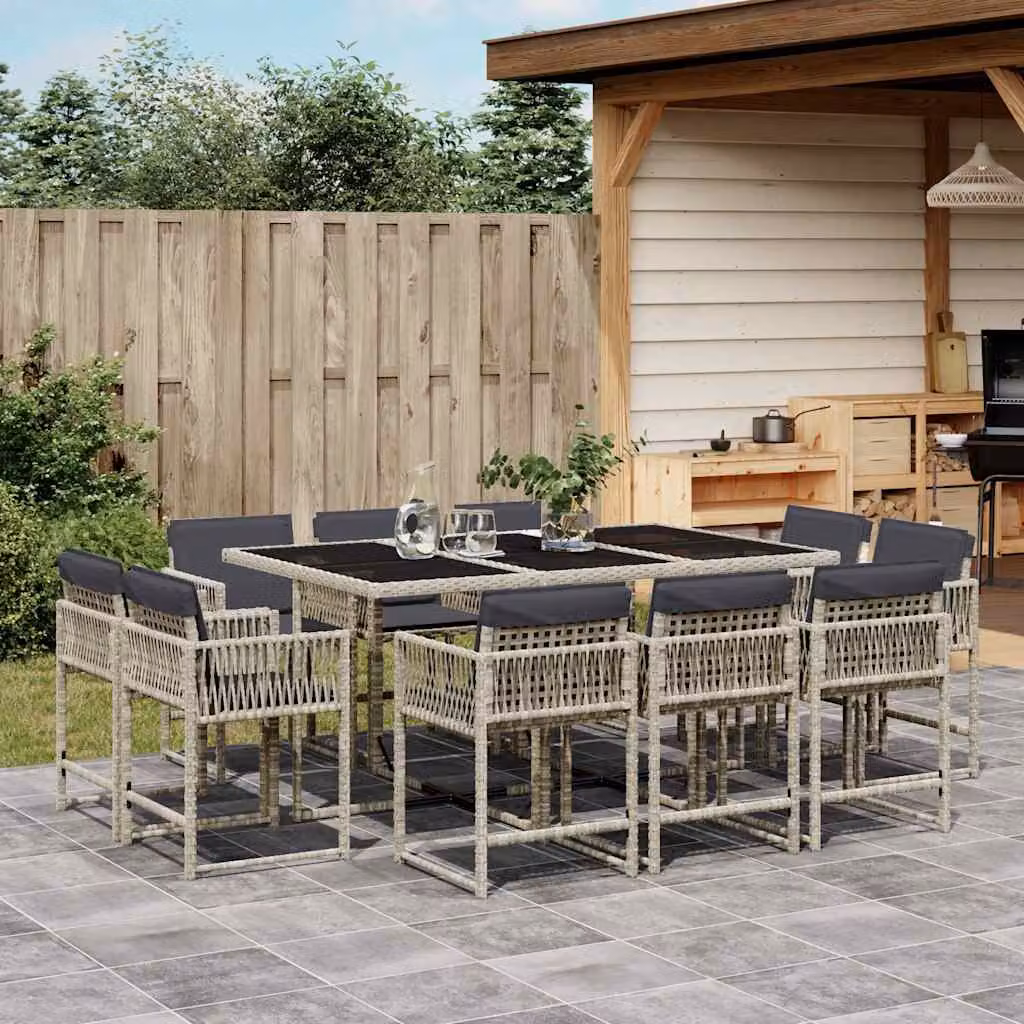Set da pranzo da giardino vidaXL in polyrattan con cuscini e piano in vetro, 11 pezzi, antracite – 1