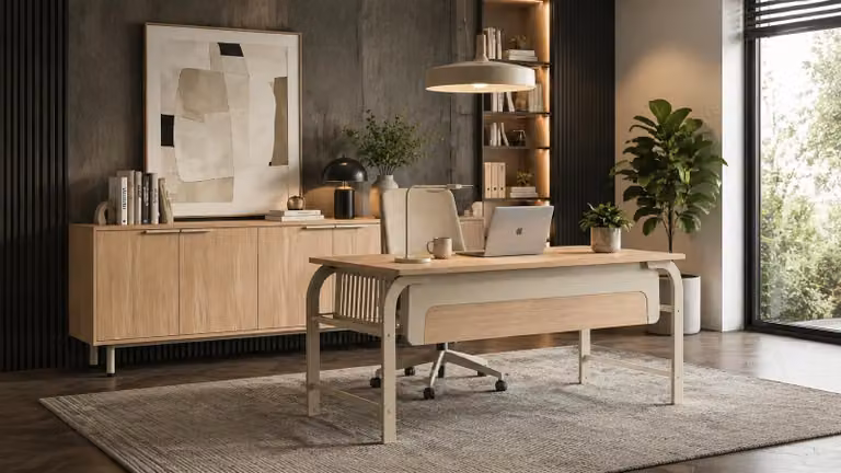 Set per l'arredamento dell'ufficio: scrivania, mobiletto laterale, aspetto in legno, design moderno