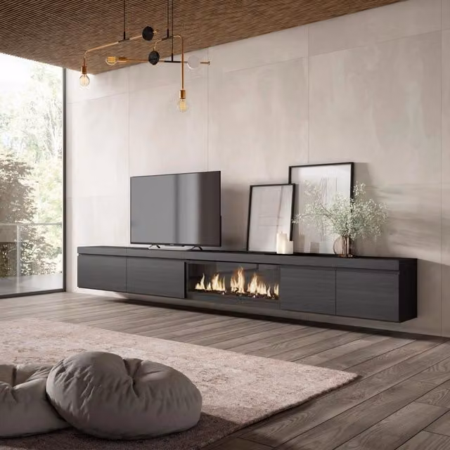 Mobile TV Soggiorno, 368x35x45, Camino elettrico XXL, da appendere, Nero RF3689