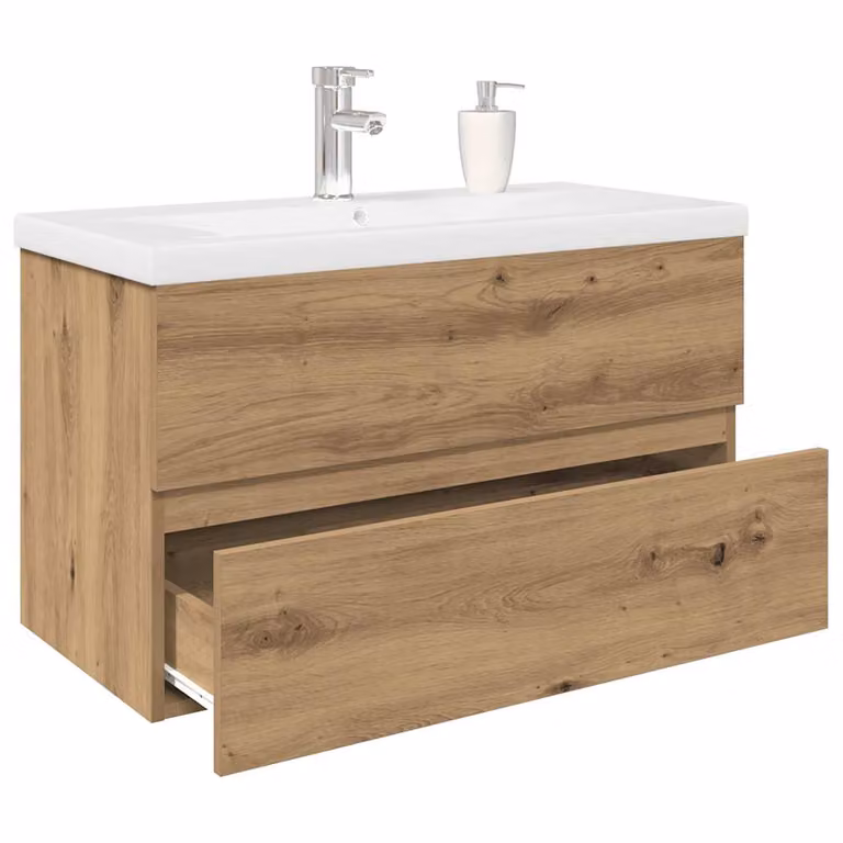 Mobiletto bagno sospeso vidaXL con lavabo integrato e rubinetto, Rovere artigianale, Bianco e Marrone, L: 80 cm, P: 38,5 cm, H: 45 cm