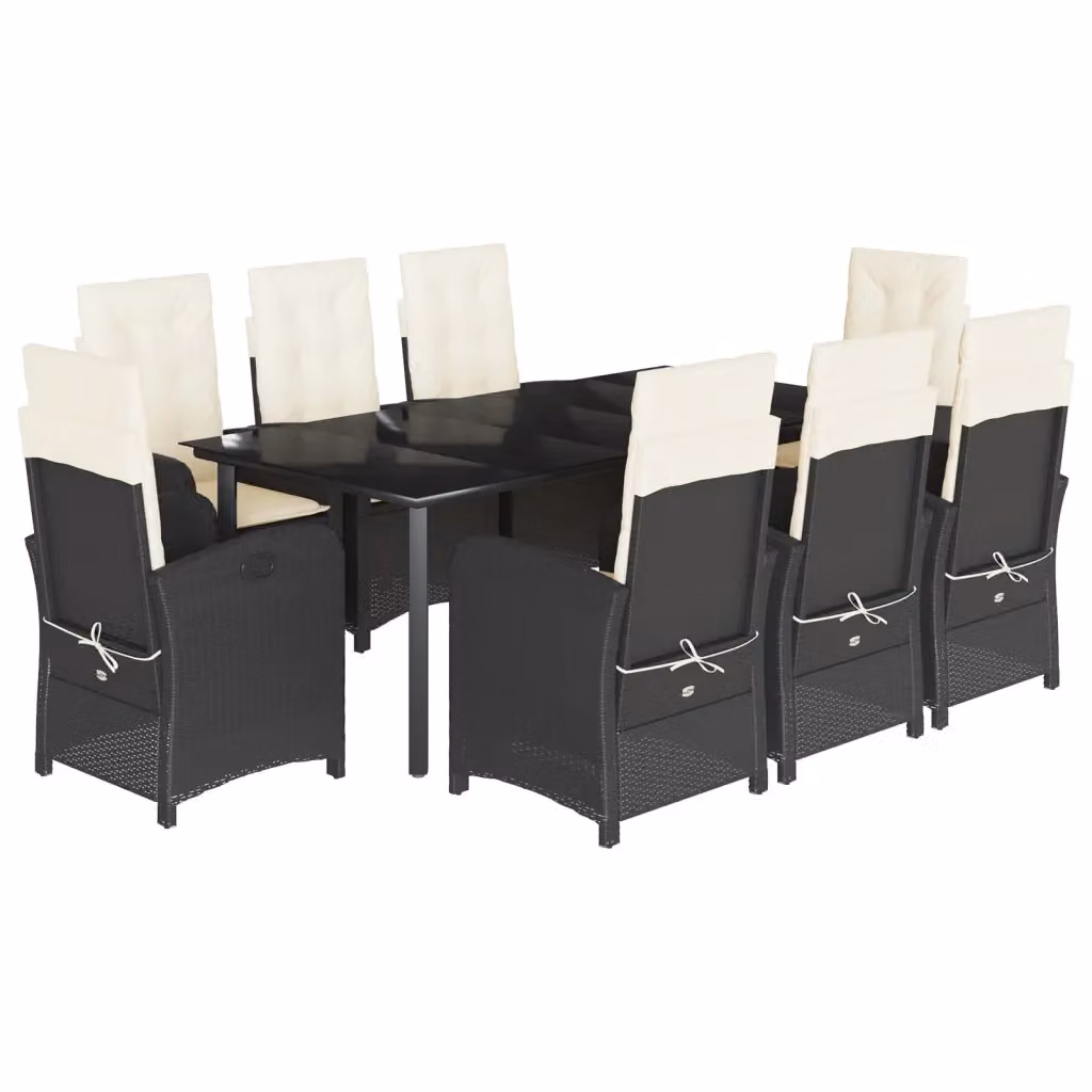 Set da pranzo da giardino vidaXL in polyrattan nero con cuscini bianchi e tavolo in vetro per 9 persone – 2