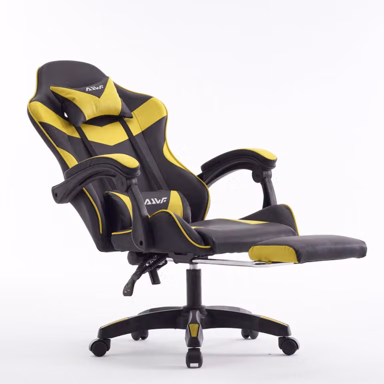 Sedia da gaming ergonomica, con imbottitura in memory foam, poggiapiedi regolabili e di colore giallo brillante