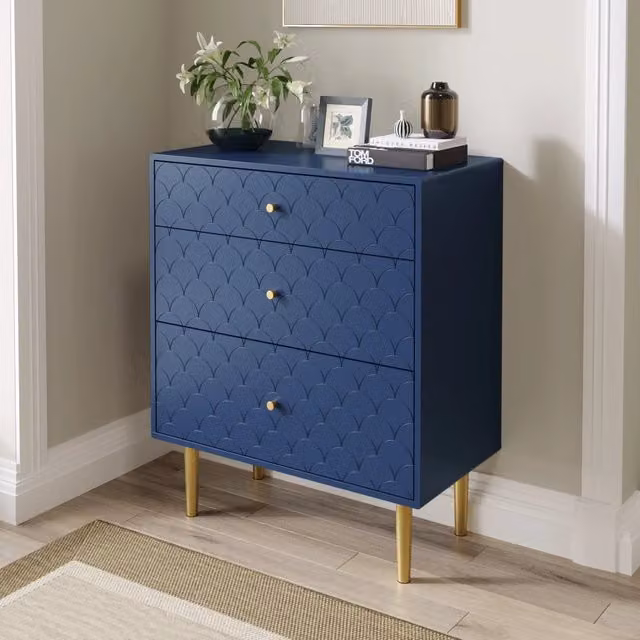 Cassettiera con 3 cassetti a profondità diversa in legno e metallo blu navy per camera da letto 75 × 40 × 89 cm