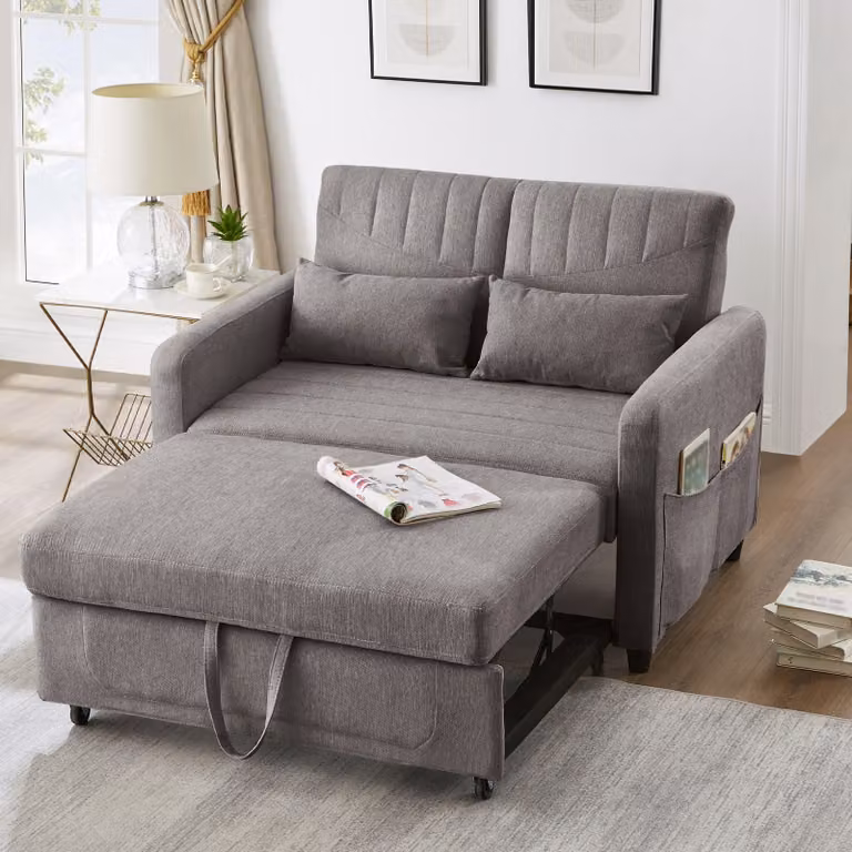Divano letto allungabile Merax 2 in 1 con schienale regolabile in tre posizioni, tessuto in cotone e lino traspirante, due posti con funzione letto, grigio