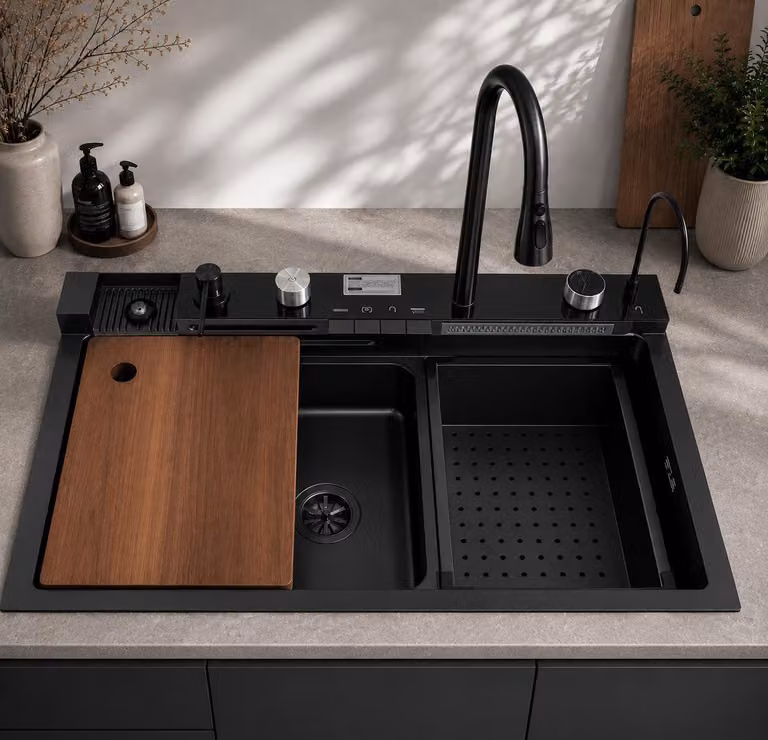 Lavello da cucina Nano: innovativo lavello da cucina color grafite, 75 x 46 cm, con rubinetteria