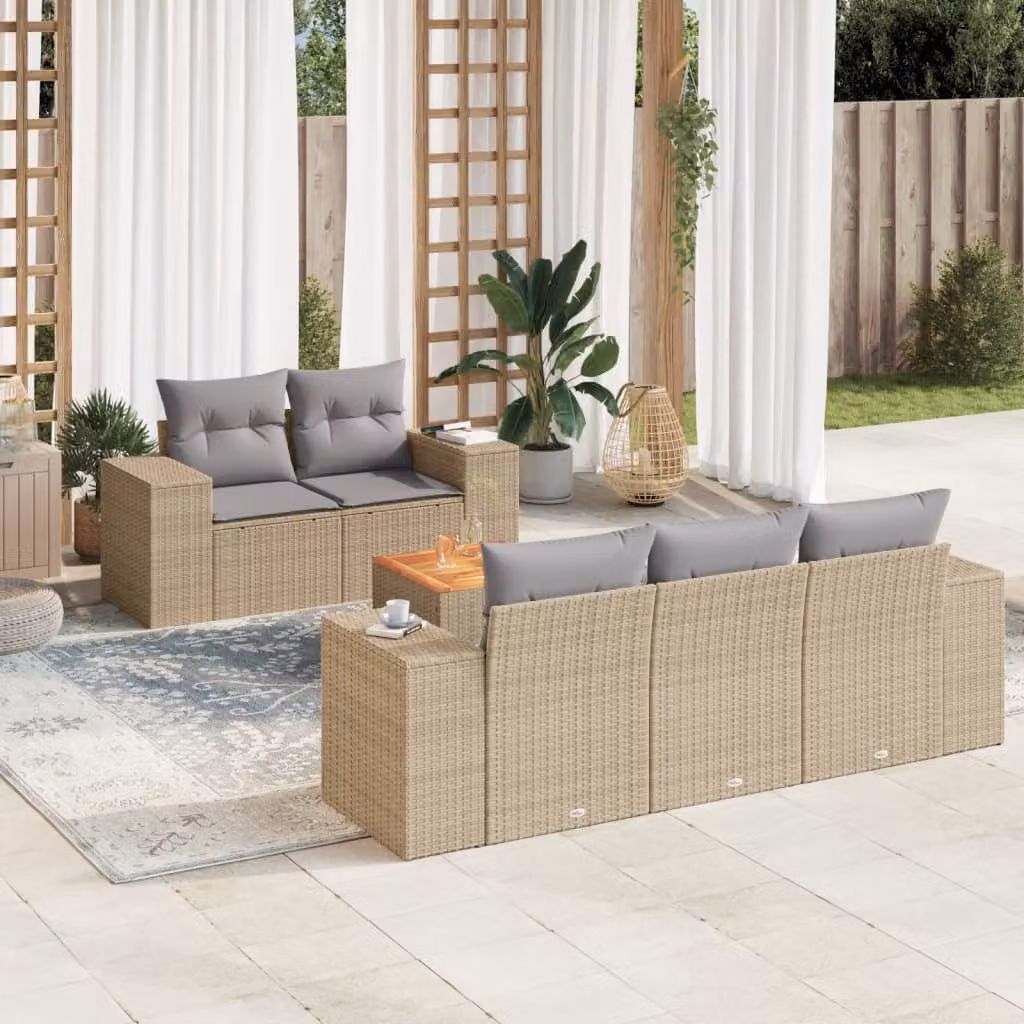 vidaXL Set Divano da Giardino a L in Polyrattan con Cuscini Beige e Tavolino da Esterno 6 pz – 1