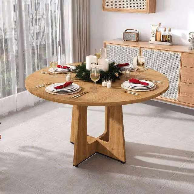 Tavolo da pranzo rotondo Minimal effetto quercia marrone in MDF, Diametro: 120 cm, Altezza: 76 cm