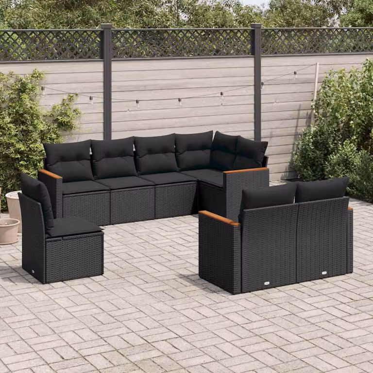 vidaXL Set di Divani da Giardino a L in Polyrattan e Legno di Acacia con Cuscini, 8 Pezzi, Nero