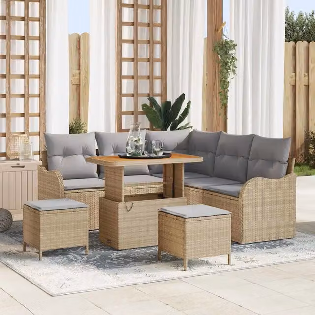 Set Divano da Giardino vidaXL 8 Pezzi a Forma di U con Cuscini Beige e Grigio in Acciaio Verniciato a Polvere e Legno di Acacia