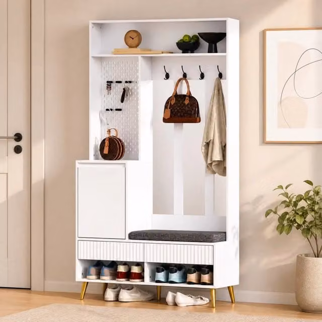 Mobile ingresso MODFU con panca, 4 ganci, 2 cassetti e vano contenitore, bianco, L: 100 cm, P: 35 cm, H: 180 cm