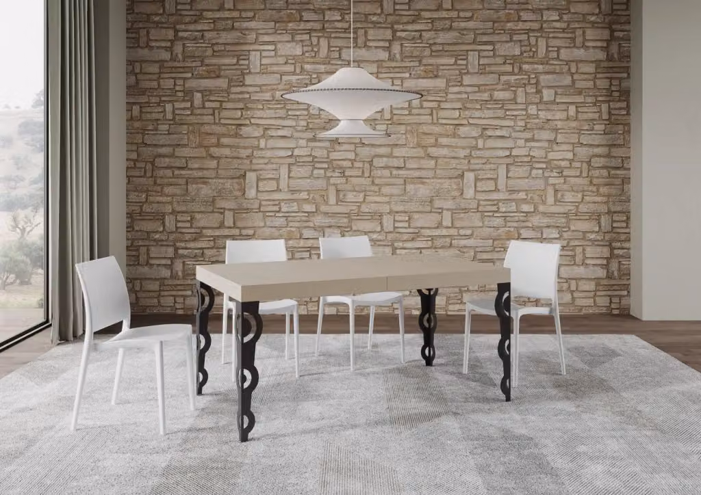 Tavolo allungabile Karayan moderno con piano in laminato cashmere e gambe in metallo antracite L/P: 90 x 160/420 cm – 2