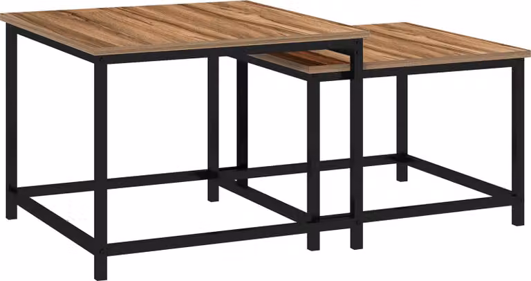 Set di 2 tavolini Moonbite in stile industriale, con finitura effetto legno e struttura in acciaio nero, impilabili, capacità di carico di 60 kg ciascuno, realizzati in pannello di particelle di legno e legno naturale