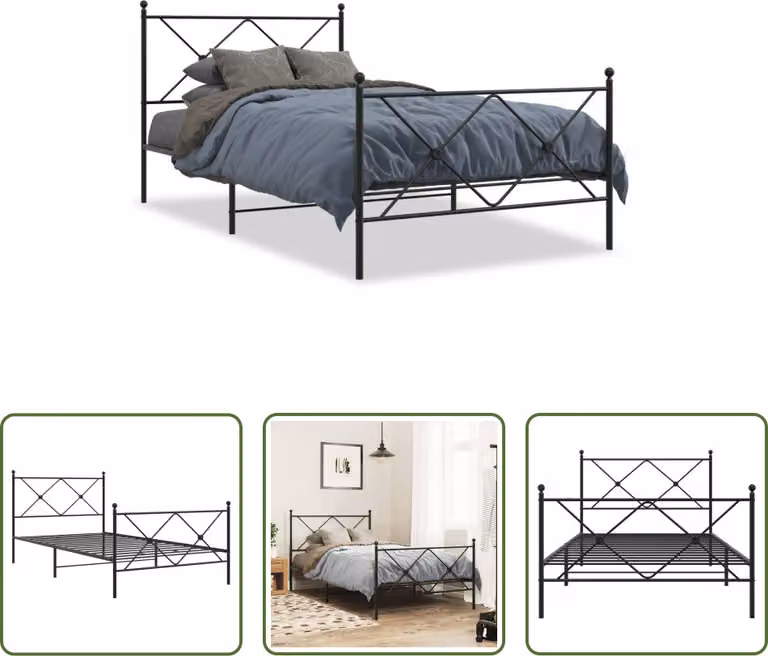 The Living Store Struttura letto con testiera e pediera in metallo nero 100x190 cm