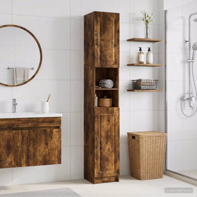 Armadio da Bagno Moderno vidaXL UTRECHT con Ripiano Aperto e Ante a Battente, Rovere Fumo e Nero, L/P/H: 60 x 30 x 187 cm