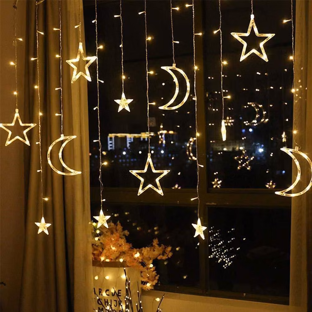 Tenda luminosa a forma di stelle e luna, lunghezza 3,5 metri, alimentazione USB, con telecomando, luce bianco caldo