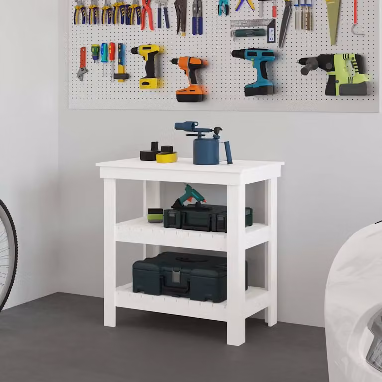 vidaXL Banco da lavoro in legno massello di pino Bianco L: 78,4 cm, P: 50 cm, H: 80 cm