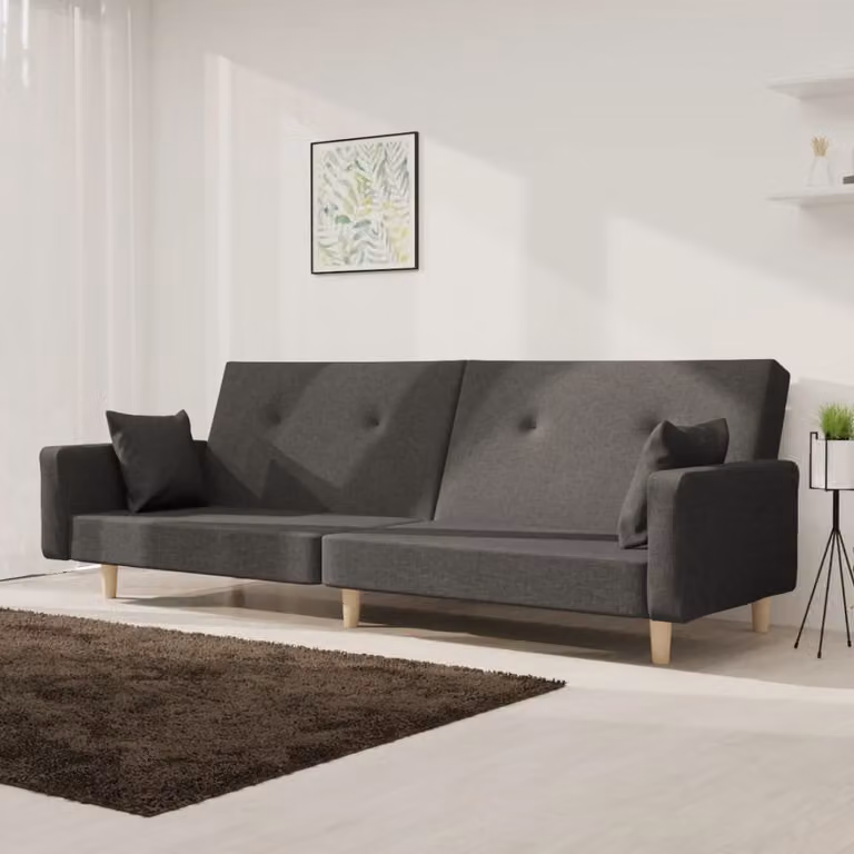 vidaXL Divano Letto Click-Clack a 2 Posti in Tessuto Grigio con Cuscini e Struttura in Legno Solido