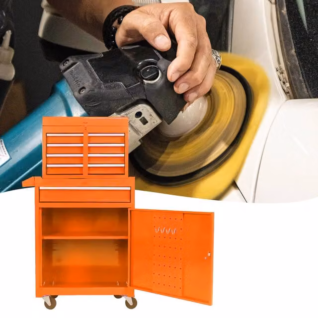 Mobile contenitore in acciaio con 5 cassetti, ripiano regolabile e ruote, per garage e officina, arancione