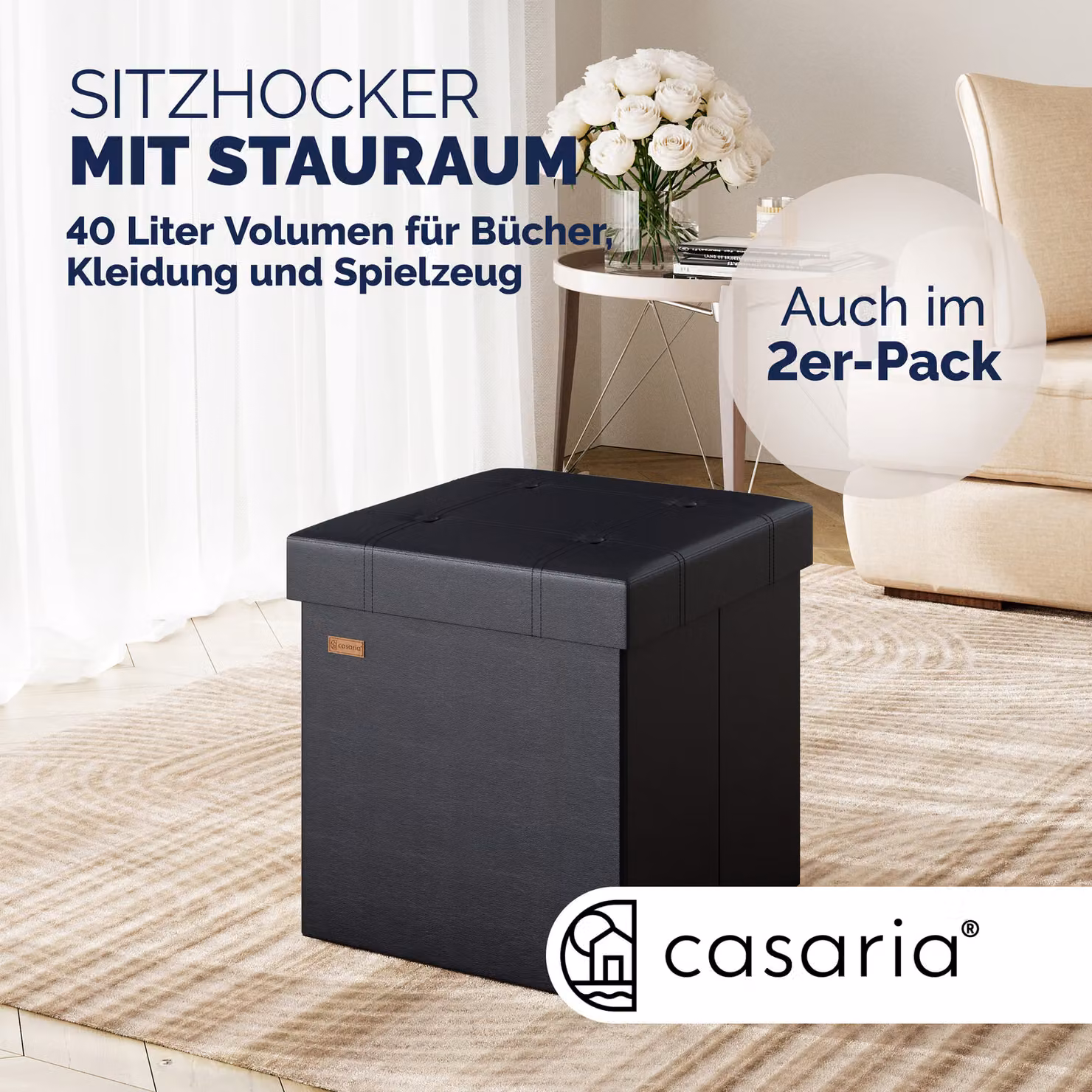 Pouf contenitore Casaria nero in ecopelle con rivestimento rimovibile L/P/H: 38 x 38 x 38 cm – 2
