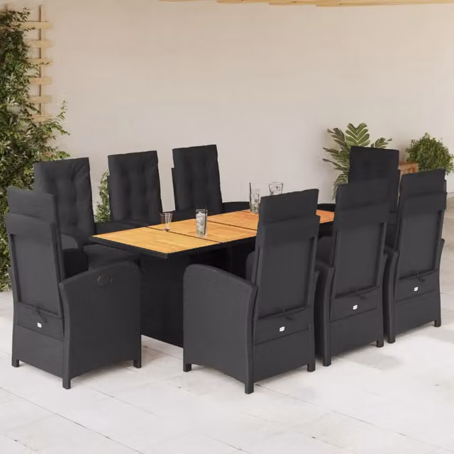 Set da pranzo da giardino vidaXL in polyrattan nero con tavolo in legno di acacia e 9 pezzi