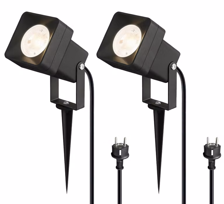 Set di 2 faretti da giardino a LED, grado di protezione IP65, alluminio, 5 W, attacco GU10, luce bianco caldo, colore nero