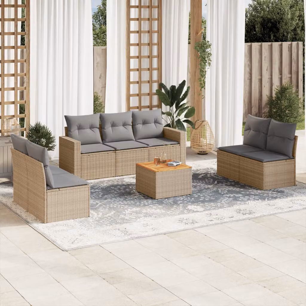 Set Divano da Giardino vidaXL 8 pz in Polyrattan con Cuscini Beige e Grigio e Tavolino per Terrazza e Giardino