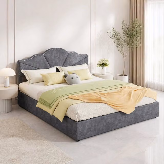 Letto Mivray con testiera geometrica in tessuto grigio e struttura in metallo, L/P: 160 x 200 cm – 1